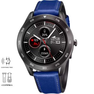 LOTUS Smartwatch schwarz für Herren mit Leder-Polyurethanband blau + Kautschukband schwarz gelocht