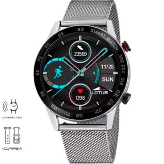 LOTUS Smartwatch silber für Herren mit Milanaiseband silber + Kautschukband schwarz